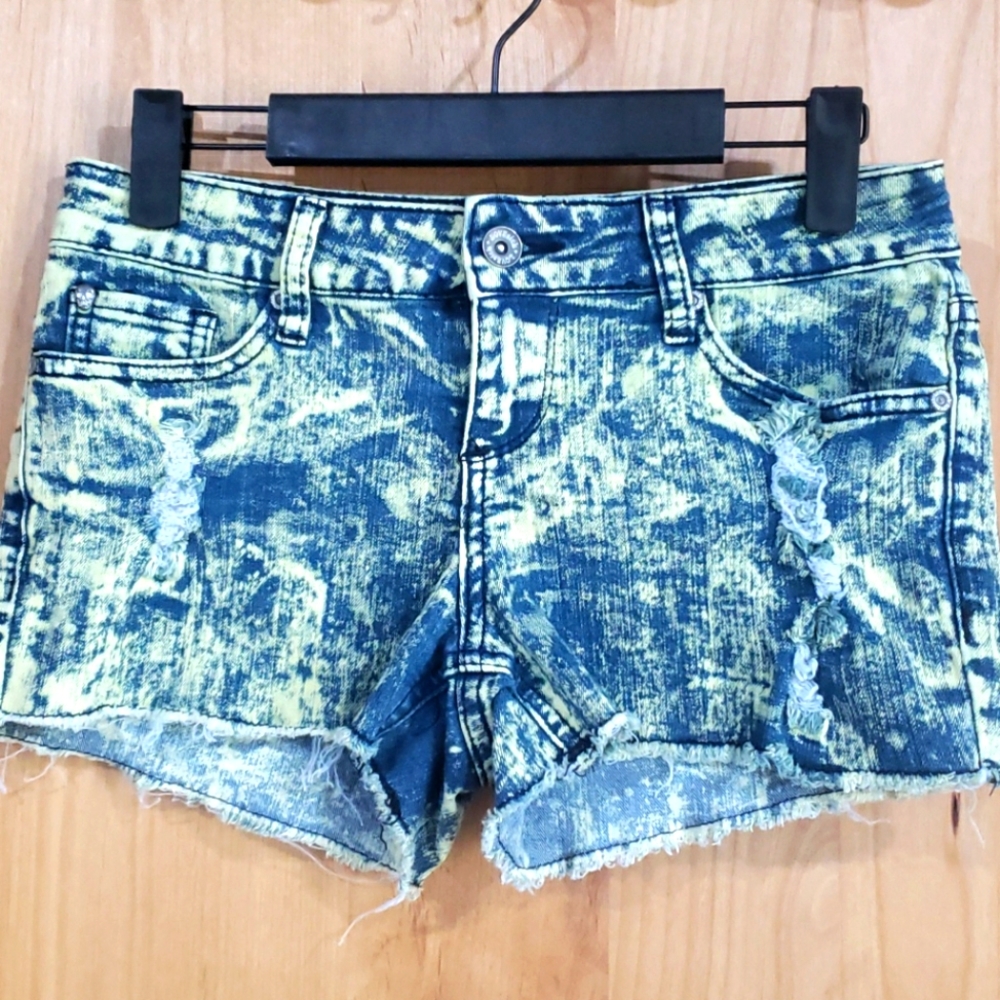 LIKE NEW LOVESICK YELLOW BLUE ACID WASH JEAN SHORT